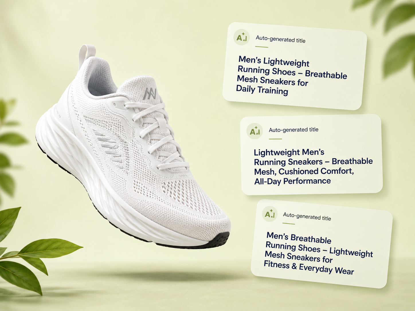 A sneaker with three AI-generated product title cards floating beside it