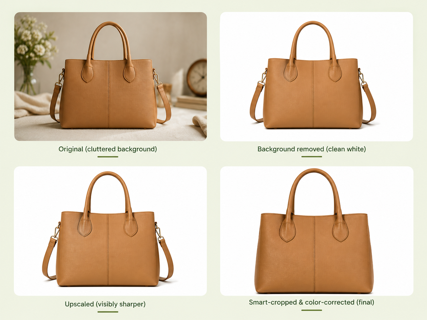 Before-and-after grid showing four progressive photo cleanup states of a leather handbag